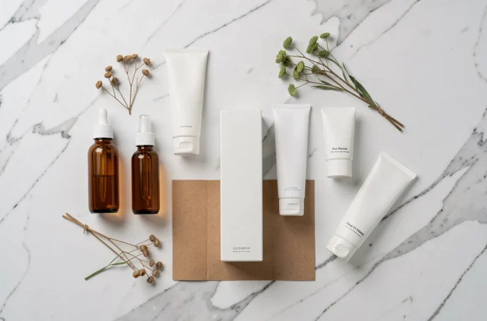 Flat lay de produits de soin Typology sur marbre blanc, illustrant l'identité visuelle minimaliste et la stratégie hors grande distribution