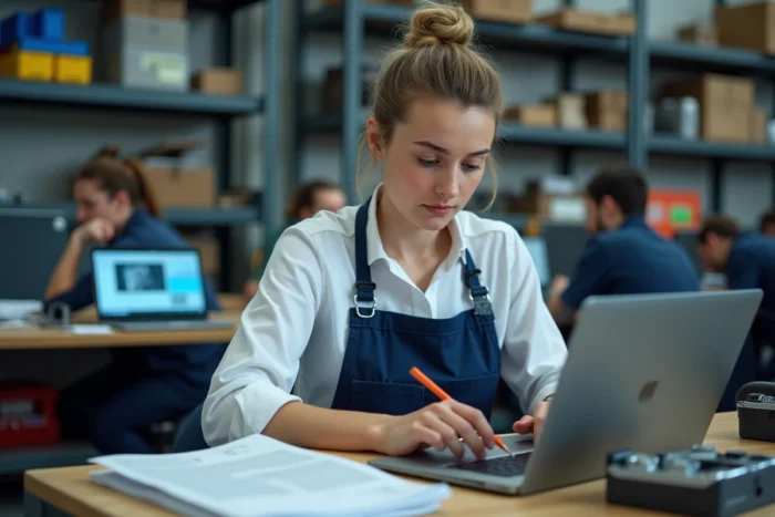 Femme en formation professionnelle ciblée dans un atelier technique en Bretagne pour acquérir une compétence demandée dans un secteur qui recrute