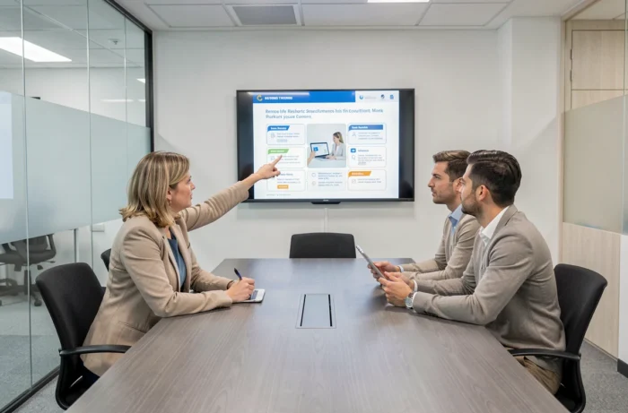 Deux collègues participant à une session de formation en recrutement à distance dans une salle de réunion d'entreprise moderne