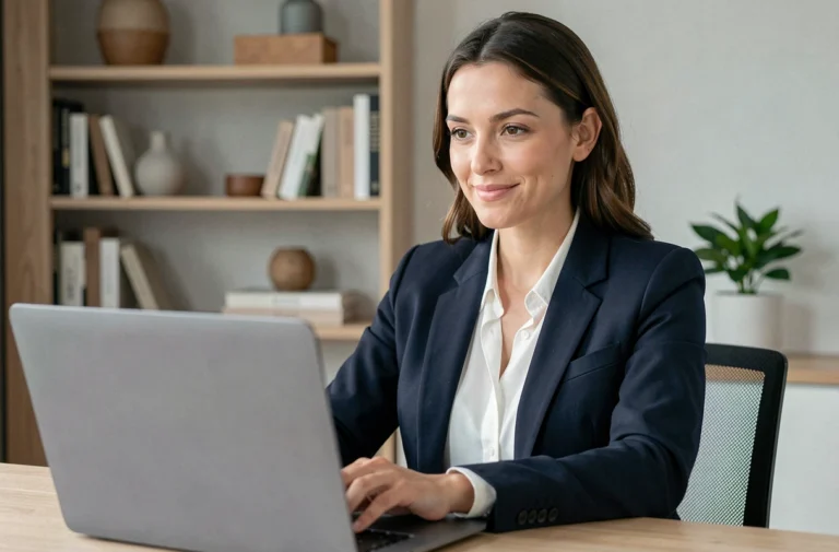 Femme professionnelle en télétravail participant à un entretien de recrutement en ligne via laptop dans un bureau à domicile moderne