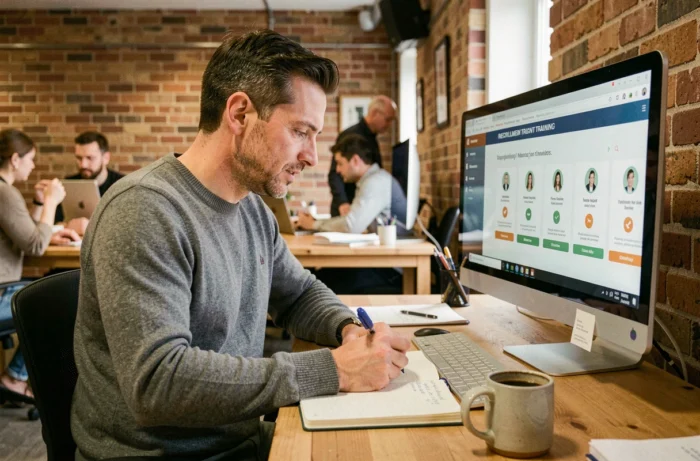 Homme suivant une formation au recrutement à distance sur ordinateur dans un espace de coworking moderne avec prise de notes