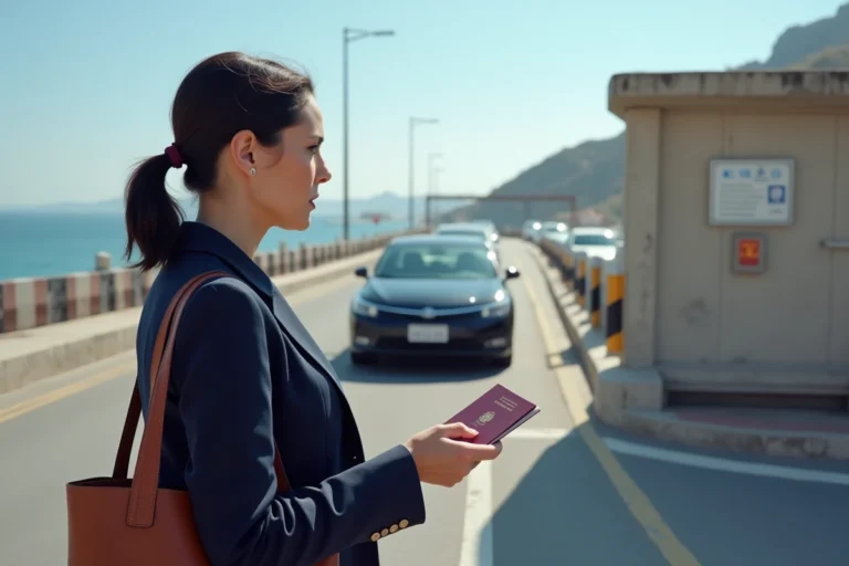 Femme présentant son passeport à la frontière de Gibraltar avec le Rocher visible en arrière-plan