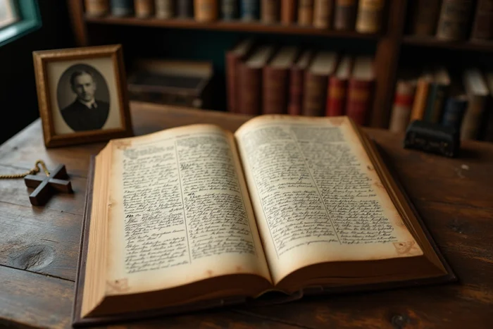 Livre de généalogie ancien en écriture cyrillique posé sur un bureau en chêne avec une croix orthodoxe et une vieille photographie de famille