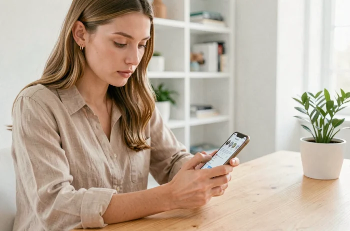 Jeune femme consultant ses invitations Instagram sur smartphone dans un bureau minimaliste