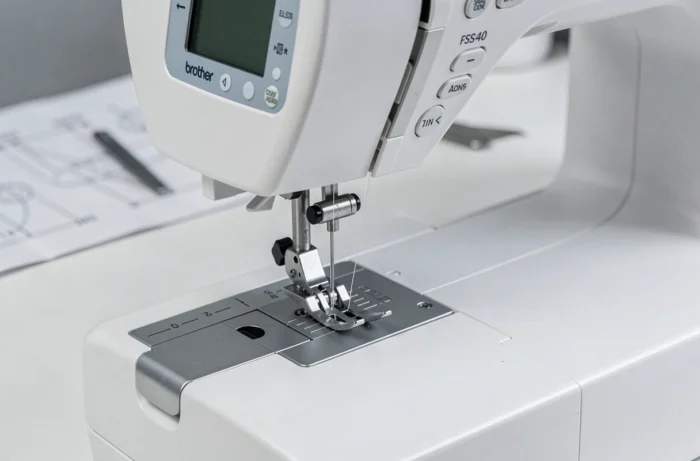 Gros plan sur le panneau de commande et le pied presseur de la machine à coudre Brother FS40 avec affichage LCD des points