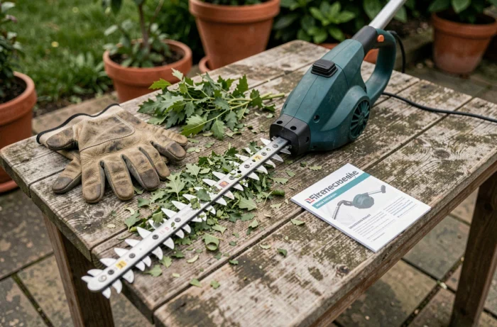 Gros plan d'un taille-haie électrique posé sur une table de jardin en bois avec des gants et des rognures de haie fraîches