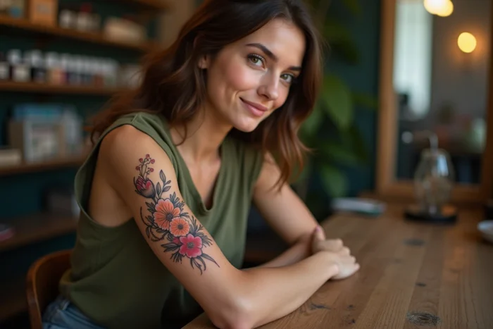 Tatouage floral détaillé sur le bras d'une jeune femme, gros plan sur le travail d'un tatoueur professionnel
