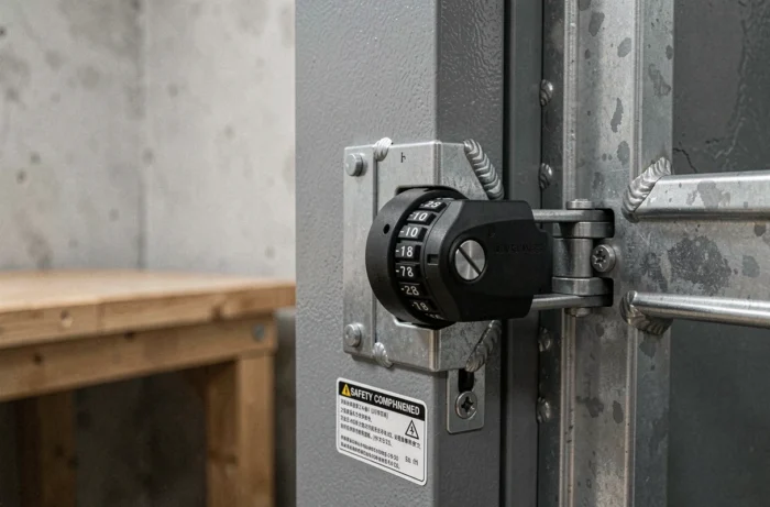 Gros plan sur le mécanisme de verrouillage et la porte en acier renforcé d'une armoire à fusil