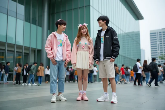 Groupe d'amis en tenues Harajuku variées devant l'entrée de la Japan Expo, styles decora, techwear et Lolita coordonnés