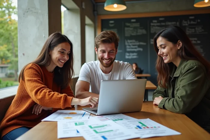 Groupe d'étudiants comparant des formations sur un ordinateur portable dans un espace commun de campus pour préparer leur avenir professionnel