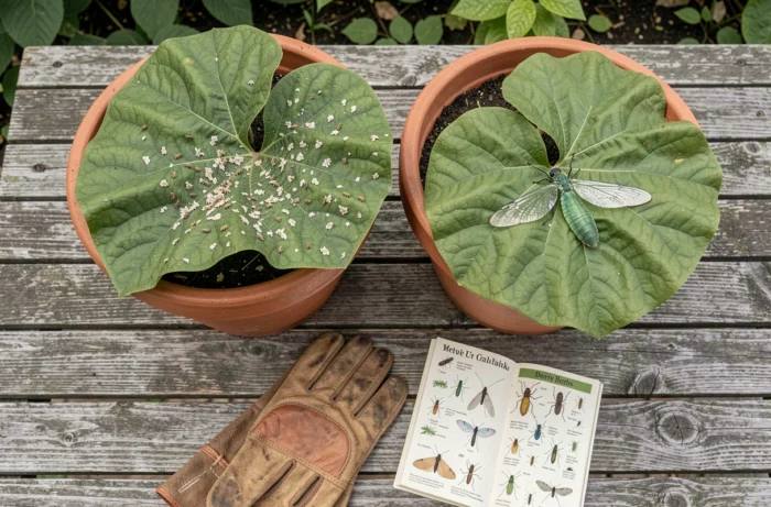 Vue en plongée d'un guide d'identification des insectes de jardin posé près de plantes en pots montrant insectes nuisibles et insectes utiles