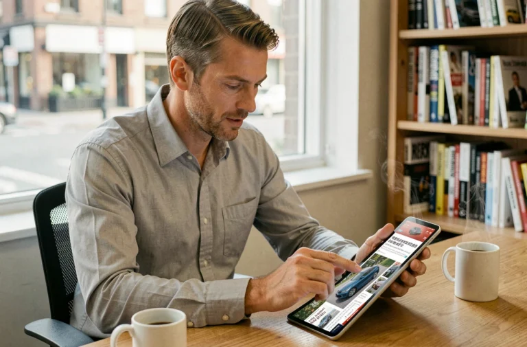 Homme consultant les dernières actualités automobile sur une tablette dans un bureau à domicile