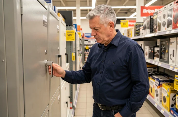 Homme examinant le mécanisme de verrouillage d'une armoire de sécurité dans un magasin de bricolage