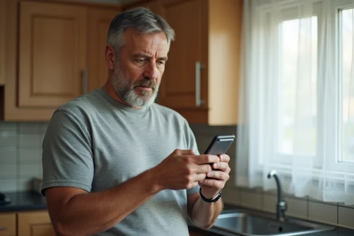 Homme consultant un portail de services municipaux sur smartphone pour une demande de document d'état civil