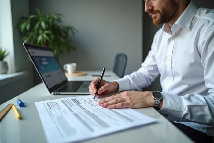 Homme consultant un formulaire cerfa officiel à côté d'un ordinateur portable dans un bureau moderne