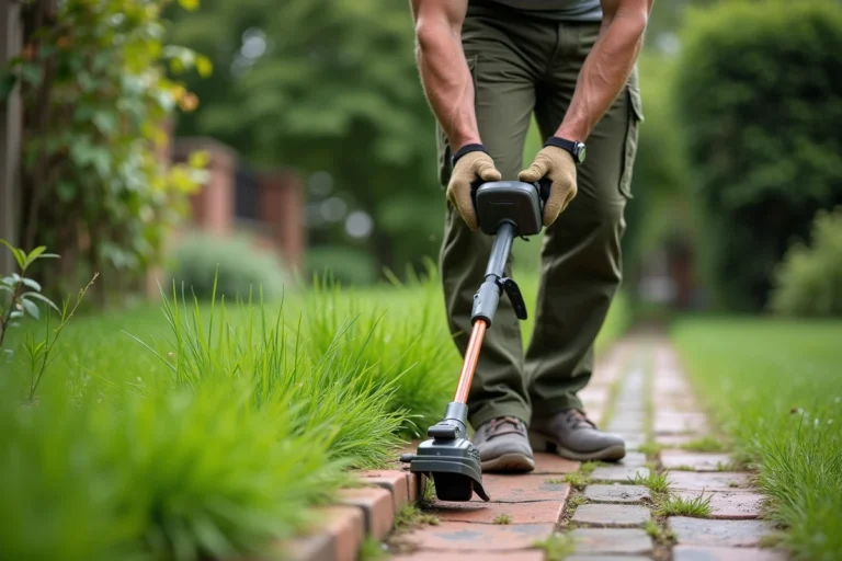 Homme utilisant un coupe-bordure à batterie le long d'une allée de jardin pavée, illustrant le choix de puissance adapté