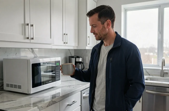 Homme consultant l'heure sur l'horloge de sa cuisine le matin, illustrant le concept du AM en anglais