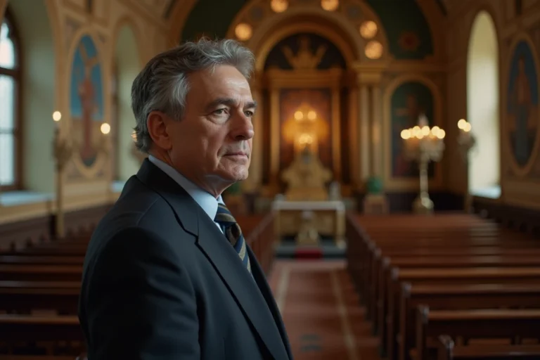 Homme aux traits slaves en costume sombre contemplant l'intérieur d'une église orthodoxe ornée d'icônes et de fresques byzantines