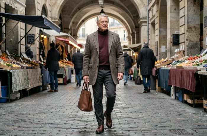 Homme élégant de plus de 75 ans en manteau en laine et col roulé bordeaux se promenant dans un marché couvert