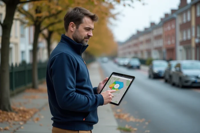 Homme consultant le Géoportail sur tablette dans une rue résidentielle pour lire les zones d'un plan local d'urbanisme