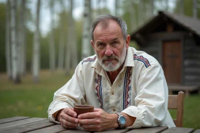 Homme aux traits est-européens en chemise brodée traditionnelle assis devant une datcha russe entourée de bouleaux