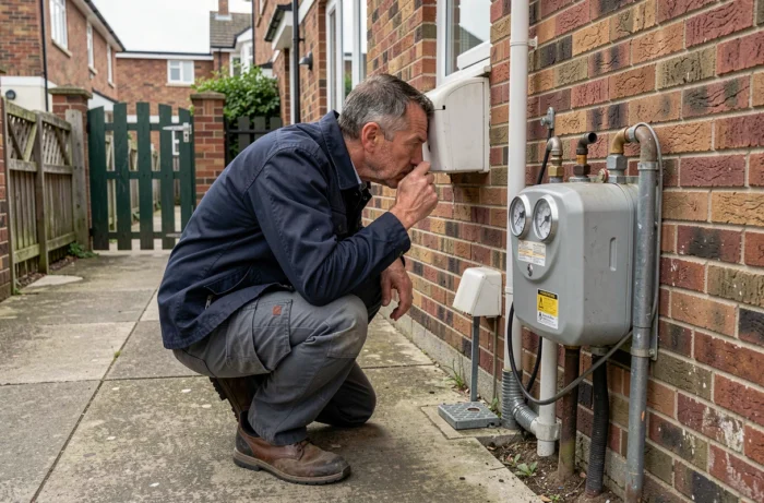 Homme qui inspecte un compteur de gaz extérieur en cherchant une fuite d'essence