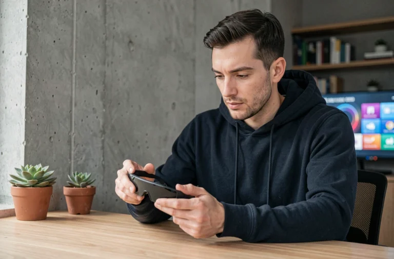 Un homme dans la trentaine examine des lunettes de réalité augmentée dans un bureau moderne minimaliste