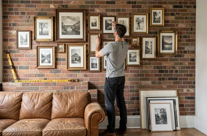 Homme créant un mur de cadres vintage dans un salon au style industriel pour personnaliser son intérieur