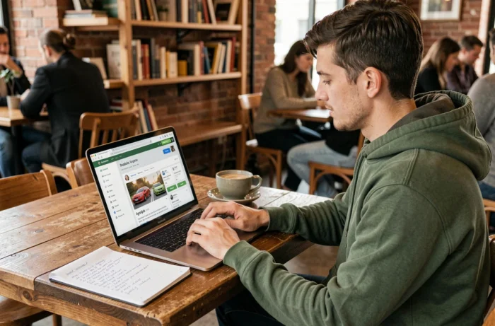 Homme recherchant un trajet de covoiturage sur ordinateur portable dans un café
