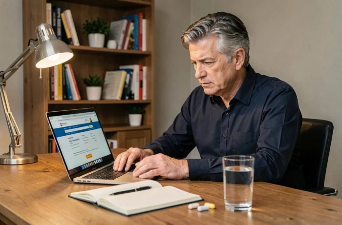 Homme en train de rechercher les effets secondaires d'un complément nootropique sur son ordinateur portable à domicile