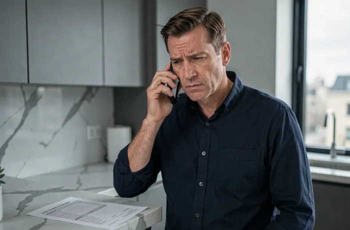Homme consultant une facture en téléphonant au service client pour une réclamation Sosh