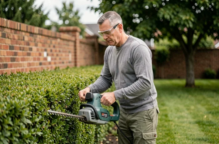Homme utilisant un taille-haie électrique pour tailler une haie de buis dans un jardin suburban bien entretenu