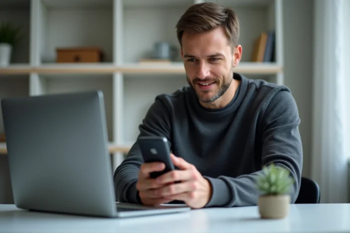 Homme vérifiant ses demandes envoyées sur Instagram depuis son bureau à domicile