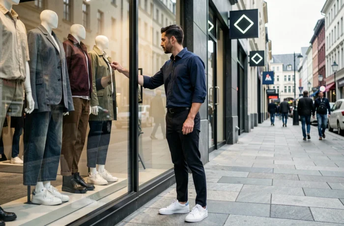 Homme observant une vitrine de concept store urbain tendance, représentant les nouvelles actualités et découvertes de l'univers Marcellin