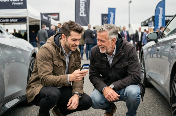 Deux hommes consultant les tendances automobile sur smartphone lors d'un salon automobile en plein air