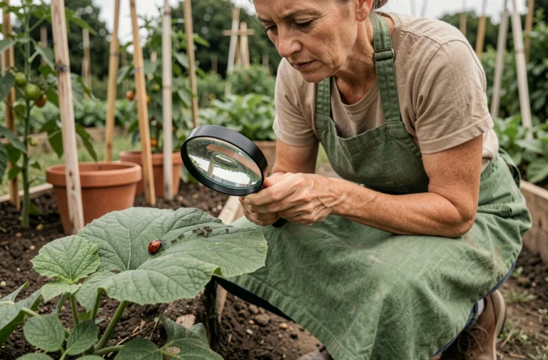 Jardinière examinant une feuille de tomate avec une loupe pour distinguer une coccinelle utile des pucerons nuisibles dans un potager