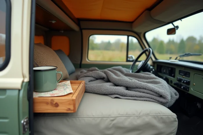Intérieur aménagé du Citroën Campster avec couchette, table pliante et toit relevable en toile, ambiance camping cosy