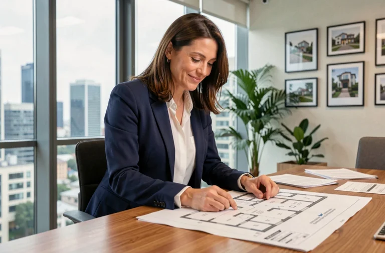 Femme professionnelle analysant des plans immobiliers et des documents financiers dans une agence moderne pour un premier investissement immobilier
