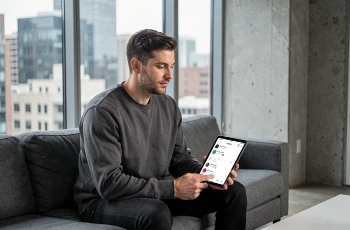 Homme gérant ses demandes d'abonnés Instagram sur tablette dans un appartement urbain moderne