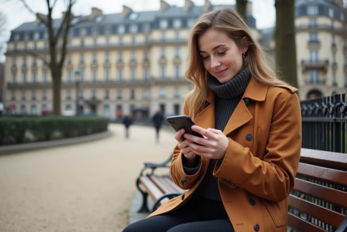 Jeune femme consultant l'application mobile des services en ligne IntraParis assise dans un square parisien en automne
