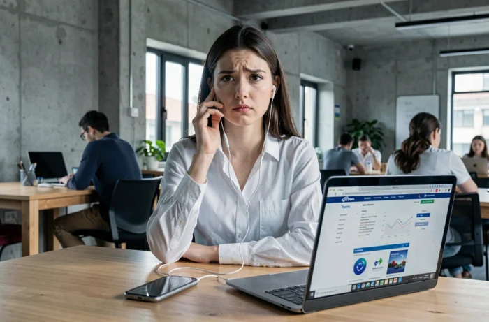 Jeune femme en espace de coworking effectuant une réclamation auprès du service client Sosh via son téléphone