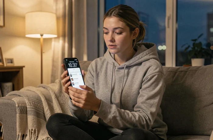 Jeune femme consultant son téléphone le soir avec l'heure en PM affichée, illustration de la notation horaire en anglais