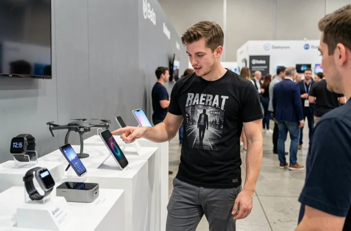 Un jeune homme découvrant les dernières innovations high-tech lors d'un salon technologique
