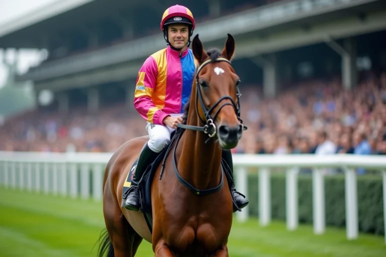Jockey professionnel en tenue de course colorée monté sur un pur-sang au galop sur un hippodrome européen