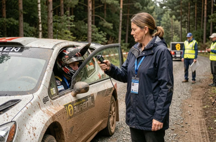 Journaliste de sport automobile interviewant un copilote de rallye après une spéciale sur route forestière