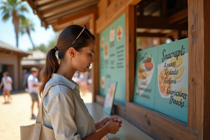 Femme consultant le menu affiché d'un kiosque alimentaire à la Mer de Sable pour gérer son budget repas