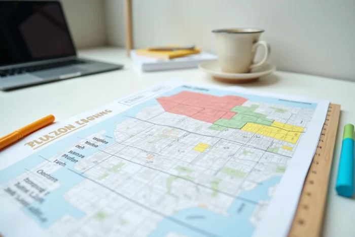 Gros plan sur la légende colorée d'un document PLU annoté à la main posé sur un bureau avec règle et surligneur
