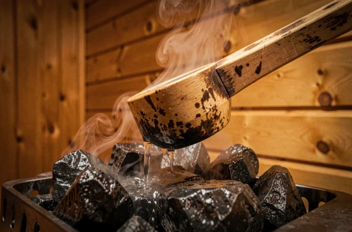 Gros plan d'une louche versant de l'eau sur les pierres d'un poêle de sauna privatif avec vapeur montante