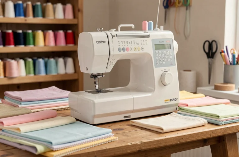Machine à coudre Brother FS40 blanche posée sur une table en bois entourée de tissus colorés dans un atelier de couture maison