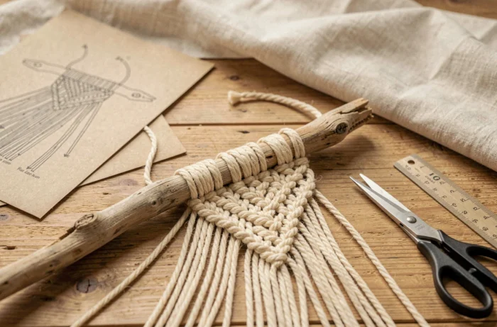 Gros plan d'un macramé DIY en cours de réalisation avec corde en coton naturel et branche de bois flotté sur une table en bois